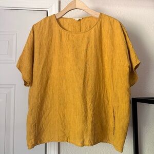 EILEEN FISHER mustard yellow organic linen boxy lagenlook short sleeve top